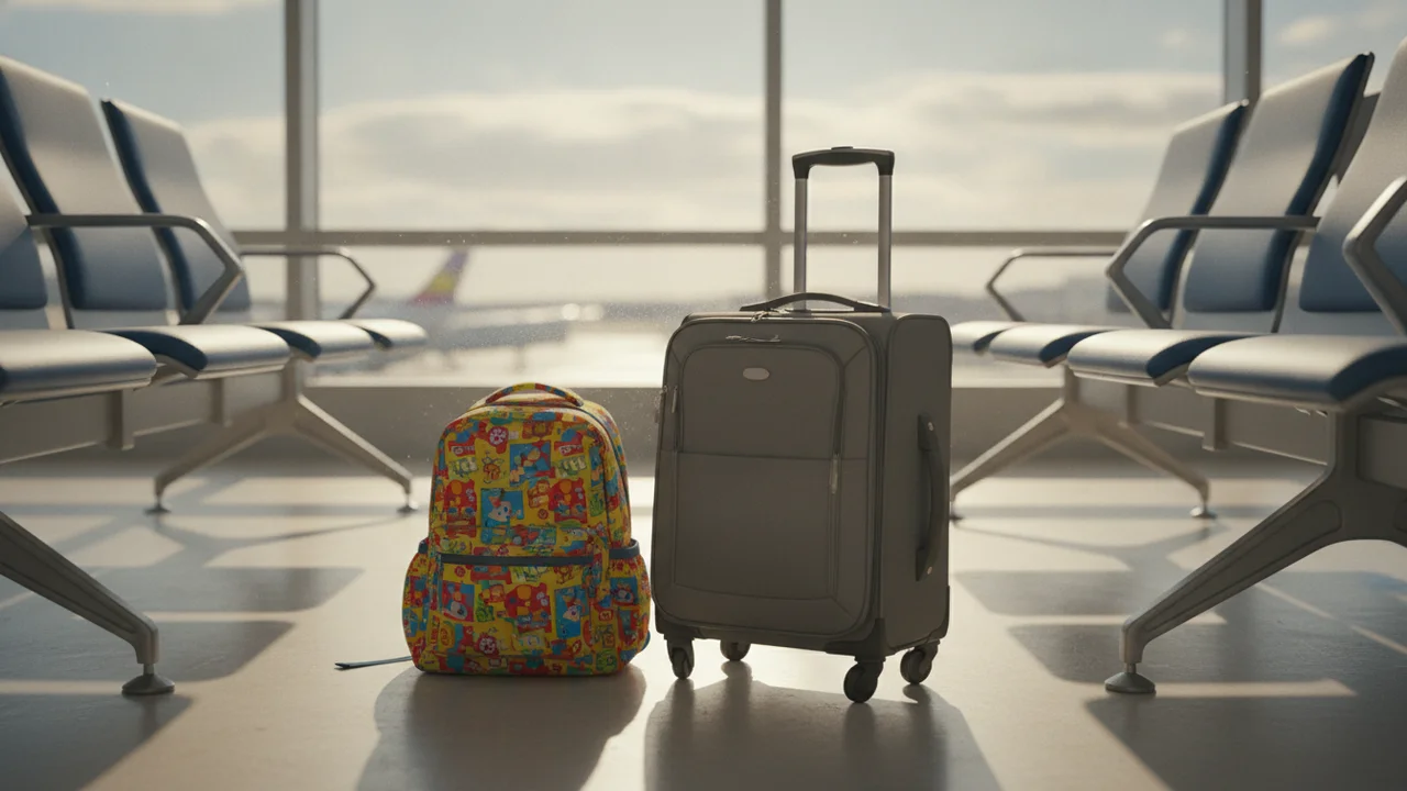 Enfant marchant dans un terminal d'aéroport avec sa petite valise cabine à roulettes