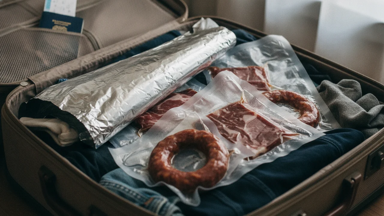Sélection de charcuteries, saucissons secs et jambons traditionnels sous emballage hermétique pour le transport