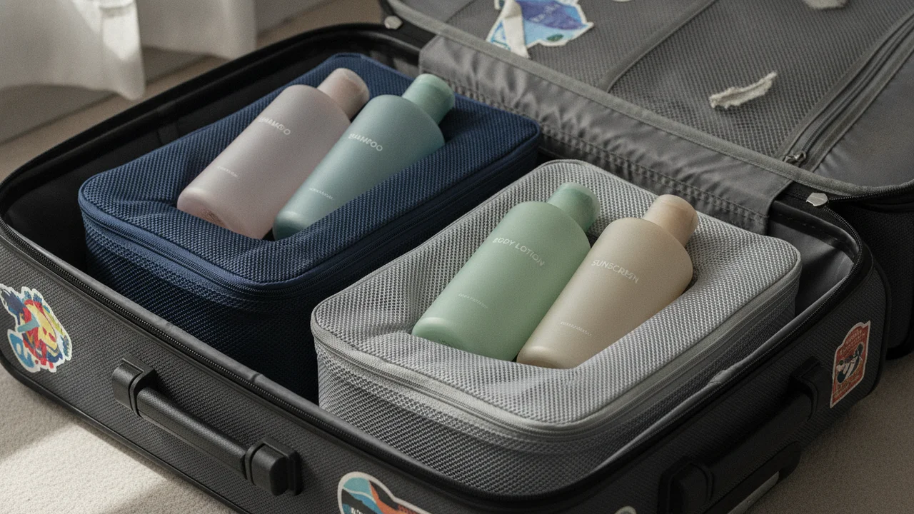 Organisation de flacons cosmétiques et produits de toilette de divers volumes dans un bagage en soute d'avion