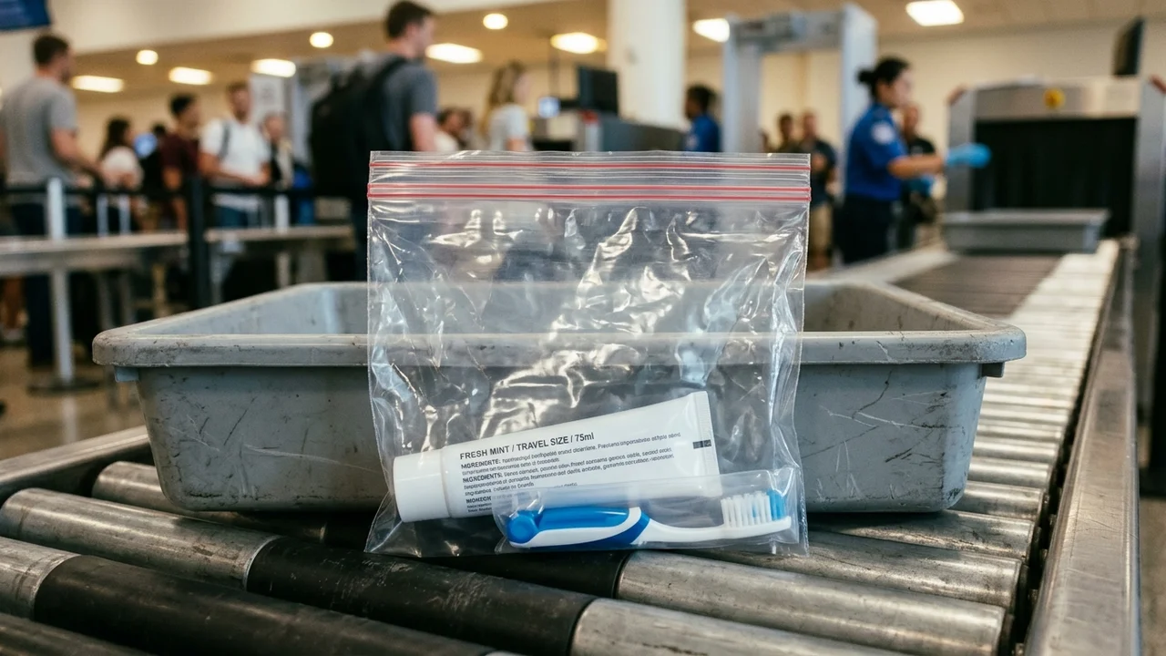 Trousse transparente de voyage pour l'aéroport contenant un tube de dentifrice de moins de 100 ml, des pastilles de dentifrice solide et une brosse à dents
