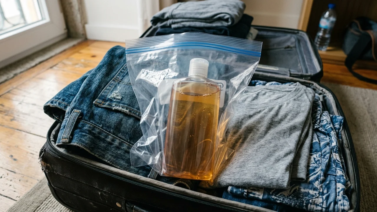 Flacons de gel douche grand format et trousse de toilette soigneusement emballés dans une valise pour la soute d'avion