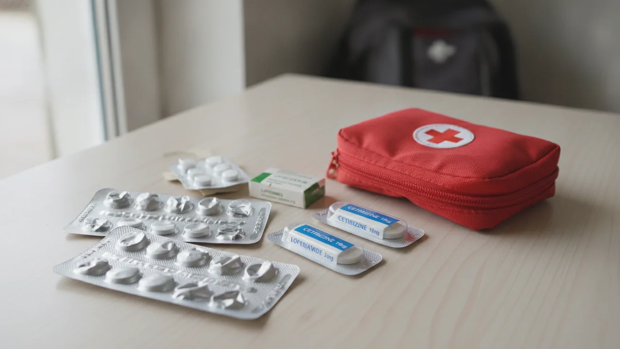 Trousse de premiers secours et plaquettes de médicaments sans ordonnance préparées pour un voyage en avion