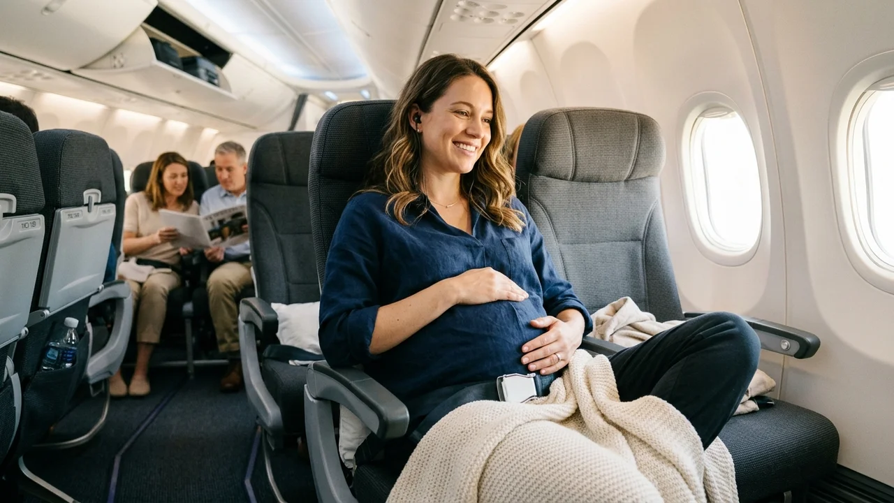 Femme enceinte assise confortablement dans un avion avec la ceinture attachée sous le ventre
