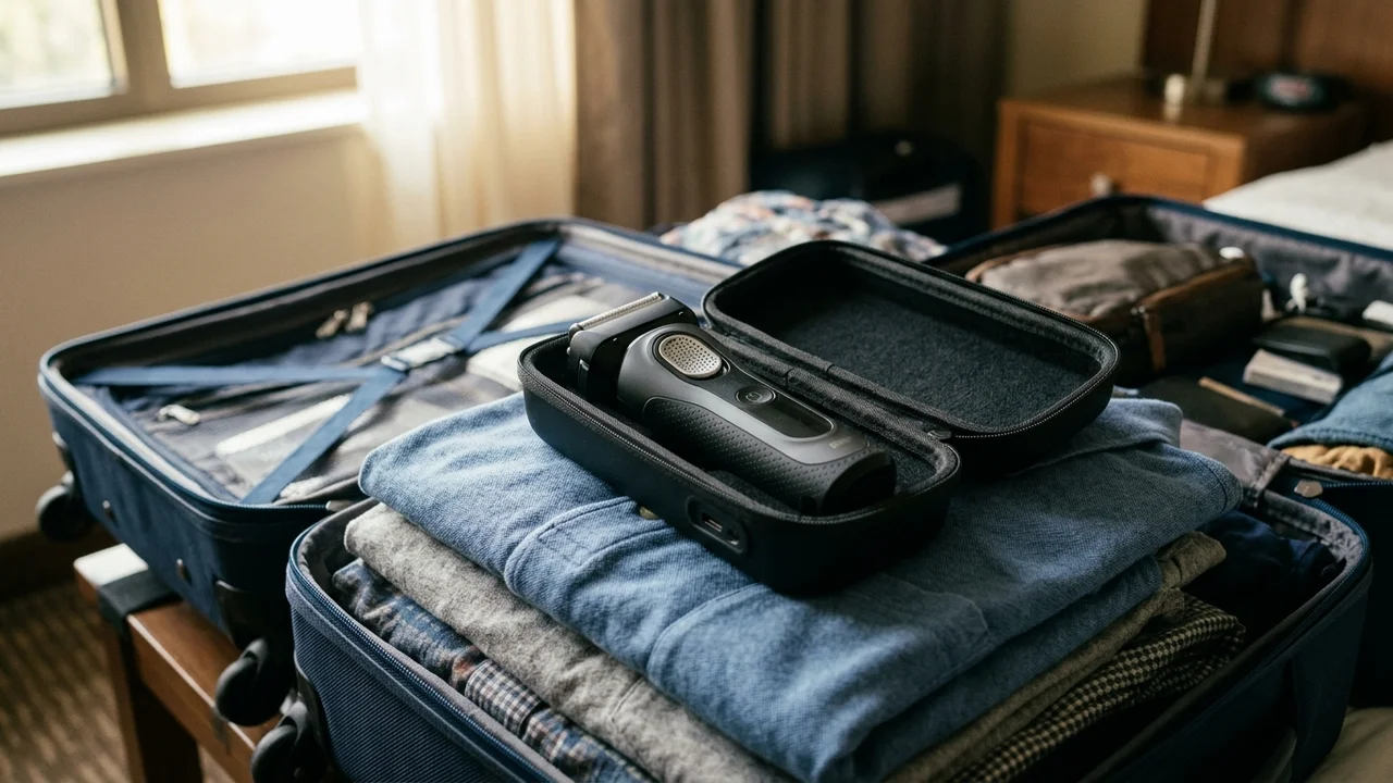 Rasoir électrique rechargeable pour homme et tondeuse avec housse de protection dans un compartiment de valise