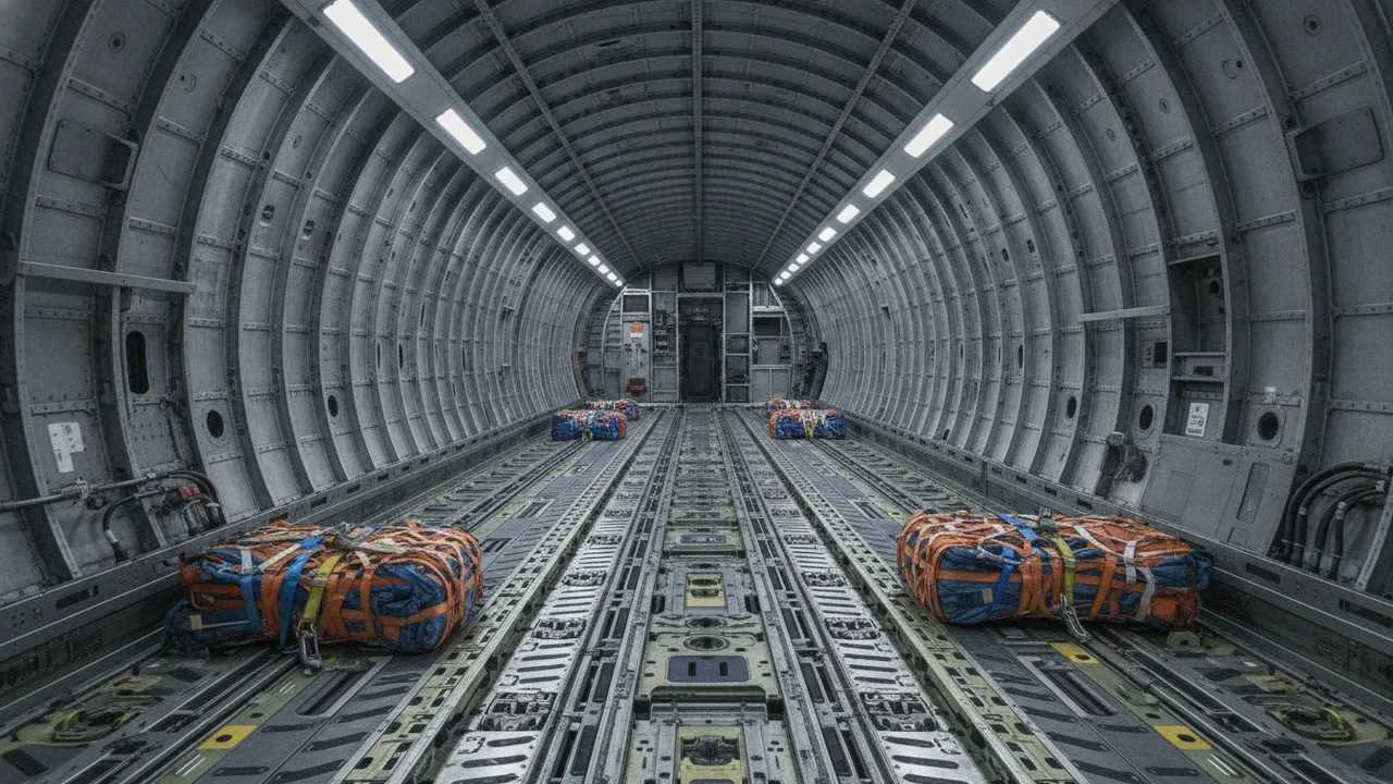 Chargement des bagages et conteneurs cargo dans la soute d'un avion de ligne sur le tarmac d'un aéroport